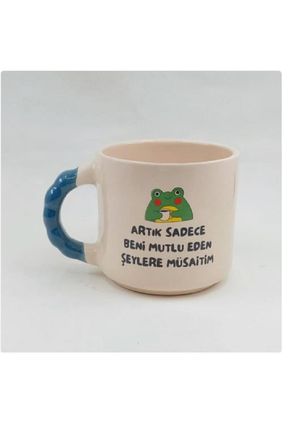 Artık Sadece Beni Mutlu Eden Şeylere Müsaitim Baskılı Mavi Kulplu Boncuk Kupa Bardak Fincan Mug