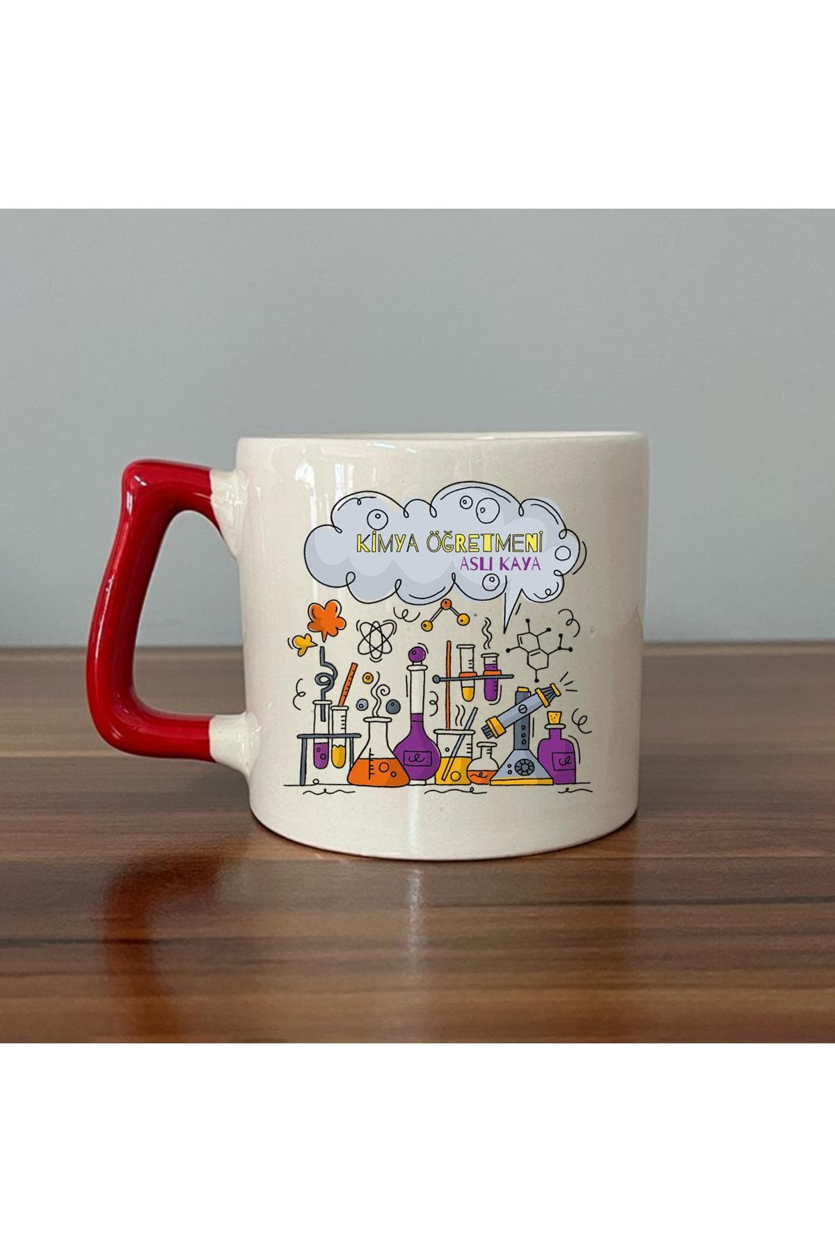 Kişiye Özel Kimya Öğretmeni Baskılı Kırmızı Kulplu Prime Kupa - Öğretmene Hediye Bardak Fincan Mug