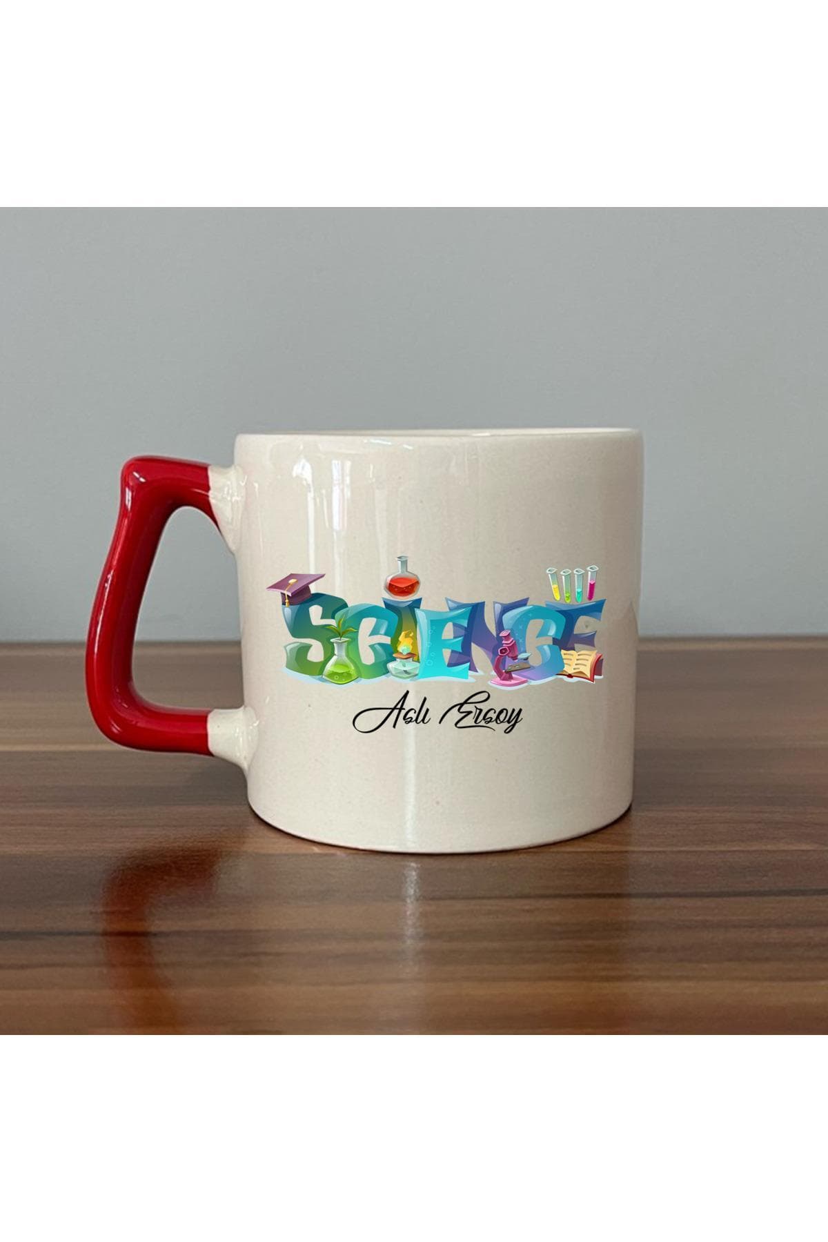 Kişiye Özel Science Baskılı Kırmızı Kulplu Prime Kupa - Öğretmenler Günü Hediyesi Bardak Fincan Mug