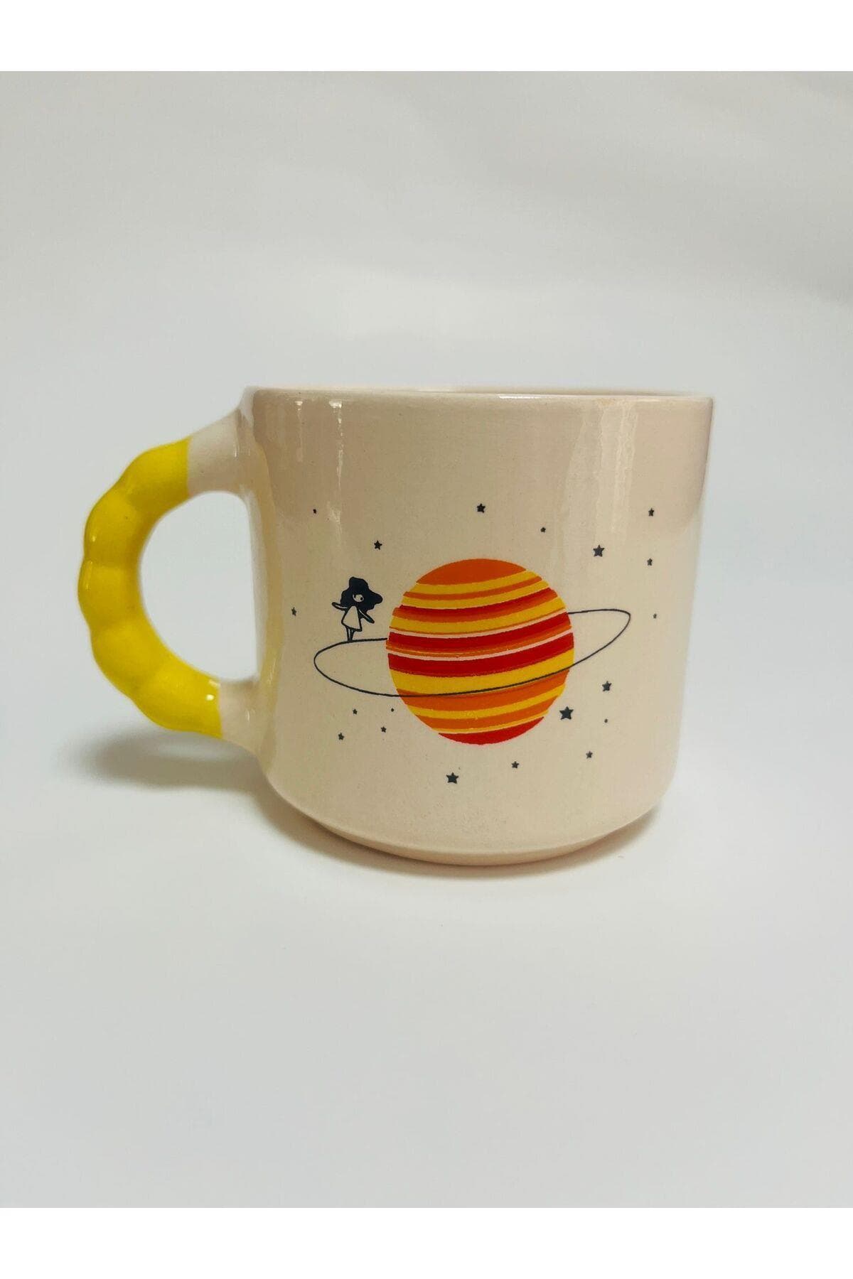 Gezegen Baskılı Sarı Kulplu Boncuk Kupa Bardak Fincan Mug