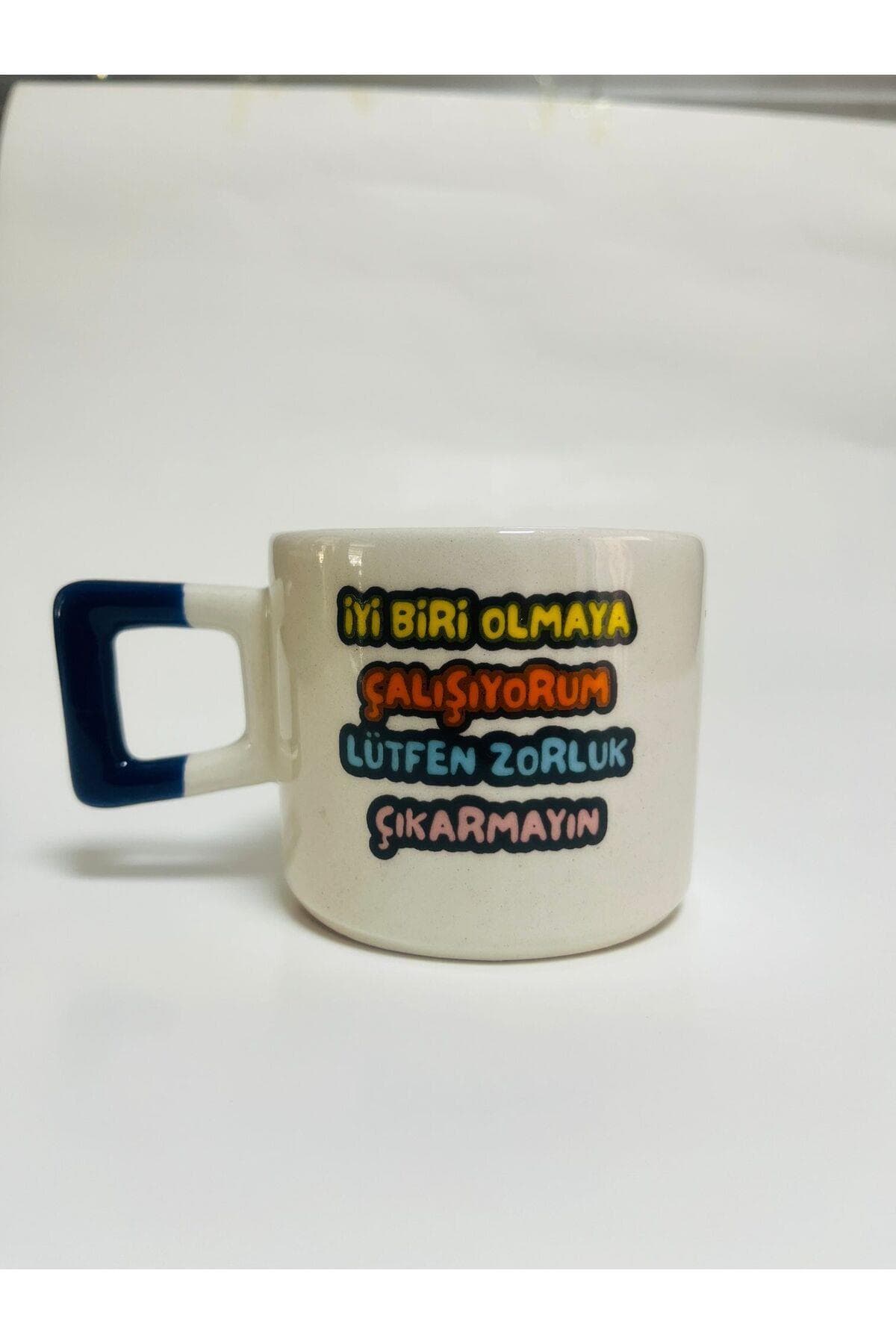 İyi Biri Olmaya Çalışıyorum Baskılı Lacivert Kulplu Kare Kupa Bardak Fincan Mug