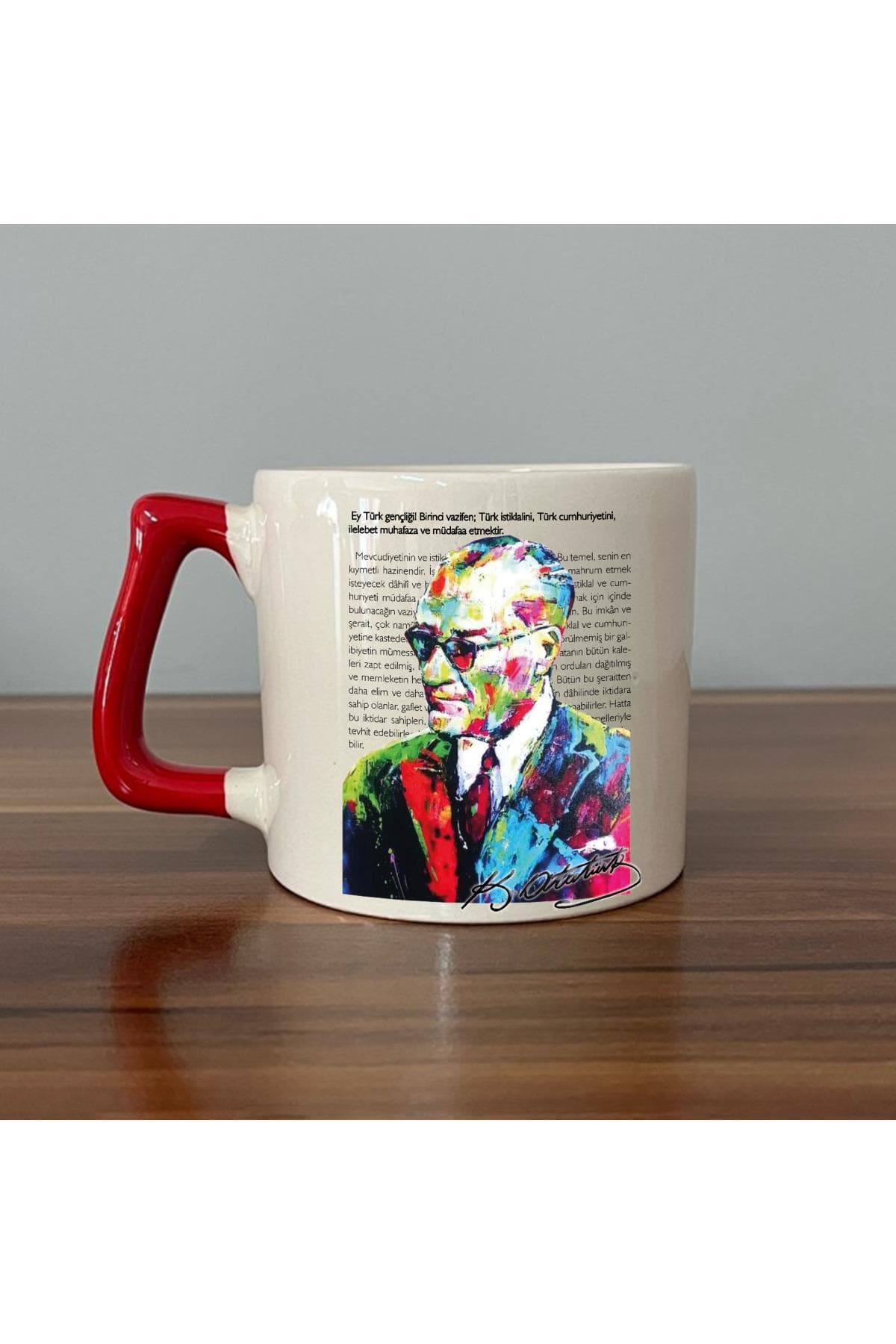 Renkli Atatürk Baskılı Kırmızı Kulplu Prime Kupa Bardak Fincan Mug