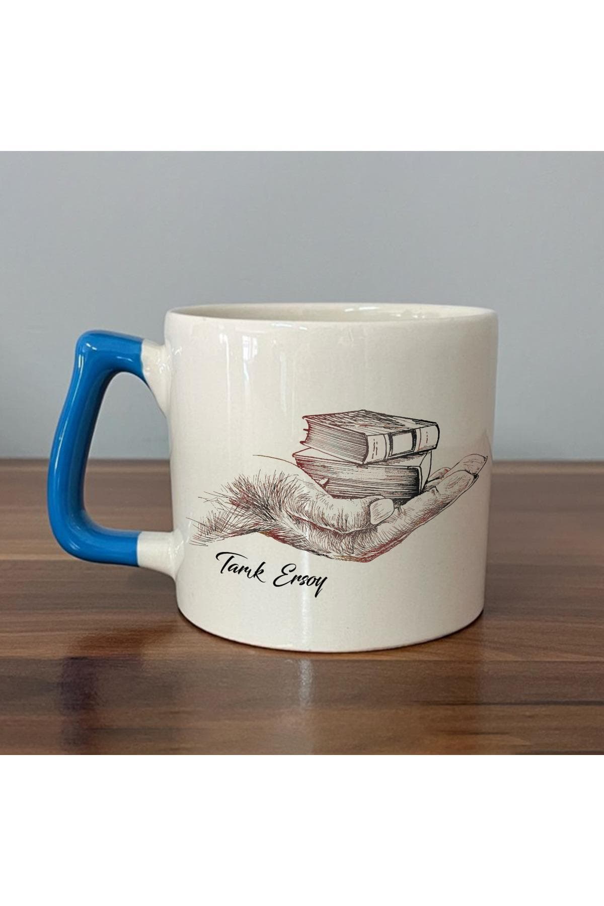 Kişiye Özel Kitaplar Baskılı Mavi Kulplu Prime Kupa - Öğretmenler Günü Hediyesi Bardak Fincan Mug