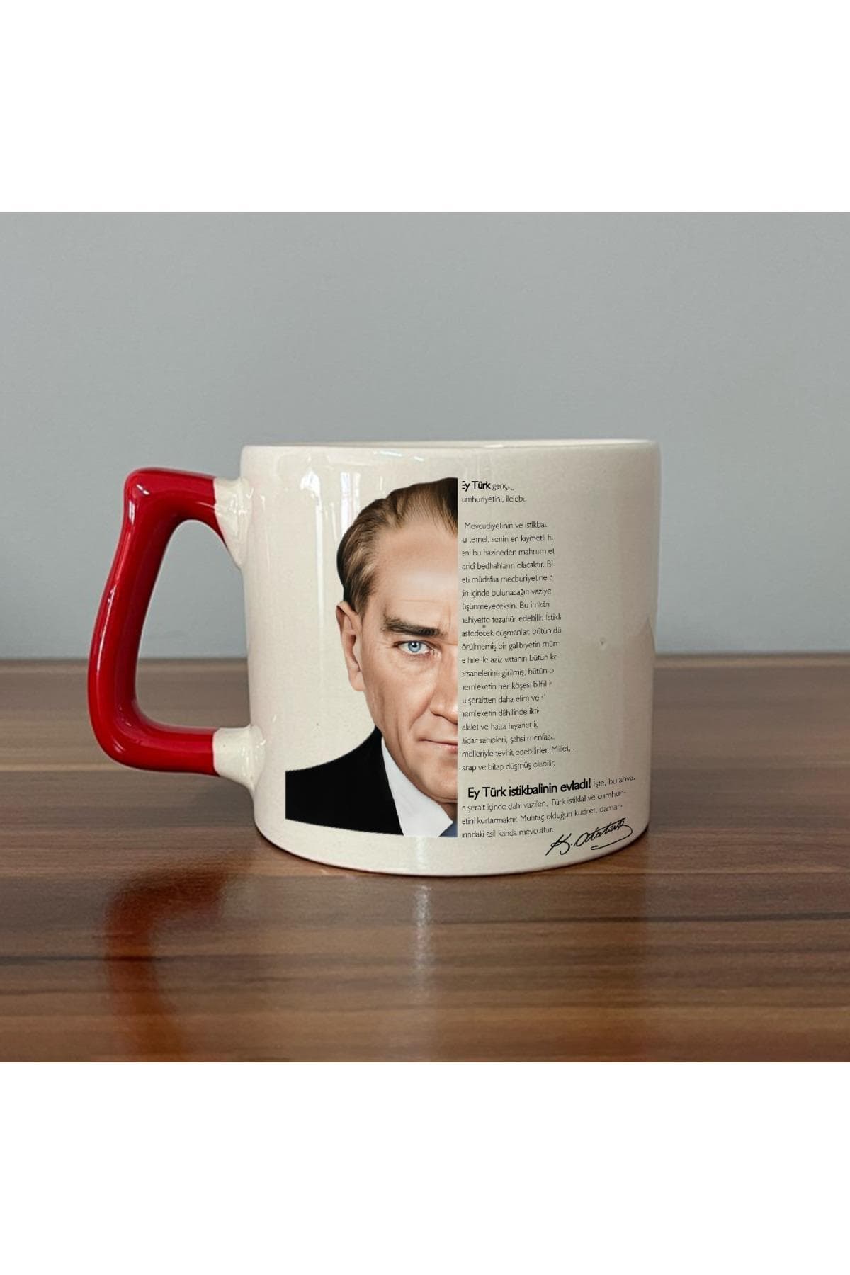 Atatürk Baskılı Kırmızı Kulplu Prime Kupa Bardak Fincan Mug