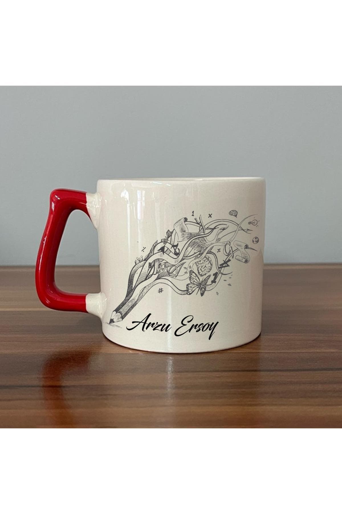 Kalem Baskılı Kırmızı Kulplu Prime Kupa - Öğretmenler Günü Hediyesi Bardak Fincan Mug