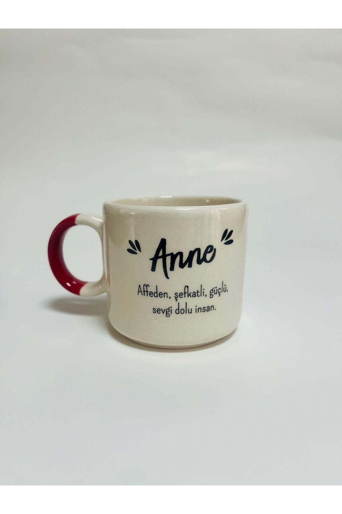 "anne" Baskılı Kırmızı Kulplu P Kupa - Anneye Hediye Bardak Fincan Mug