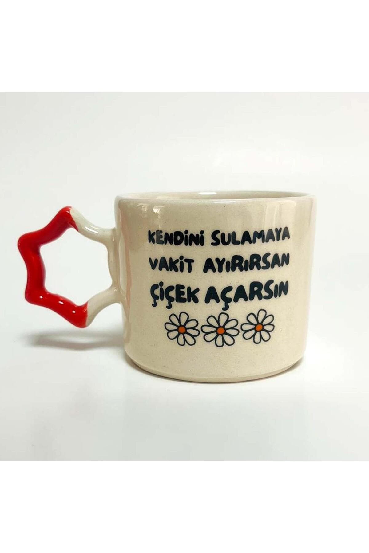 Çiçek Açarsın Baskılı Turuncu Kulplu Yıldız Kupa Bardak Fincan Mug