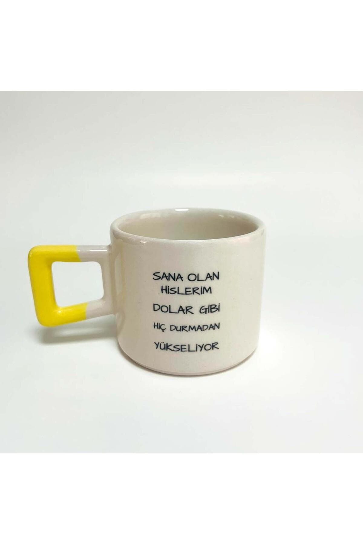 Sana Olan Hislerim Dolar Gibi Baskılı Sarı Kulplu Kare Kupa Bardak Fincan Mug