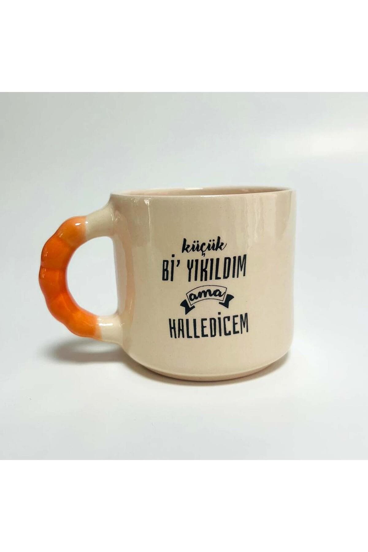 Küçük Bi Yıkıldım Ama Halledeceğim Baskılı Turuncu Kulplu Boncuk Kupa Bardak Fincan Mug