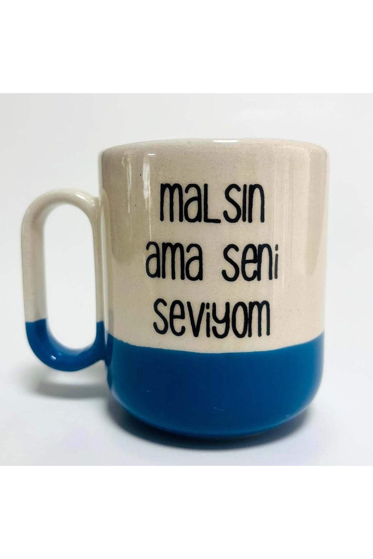 Malsın Ama Seni Seviyom Baskılı Mavi Alt Yarısı Renkli Arya Kupa Bardak Fincan Mug