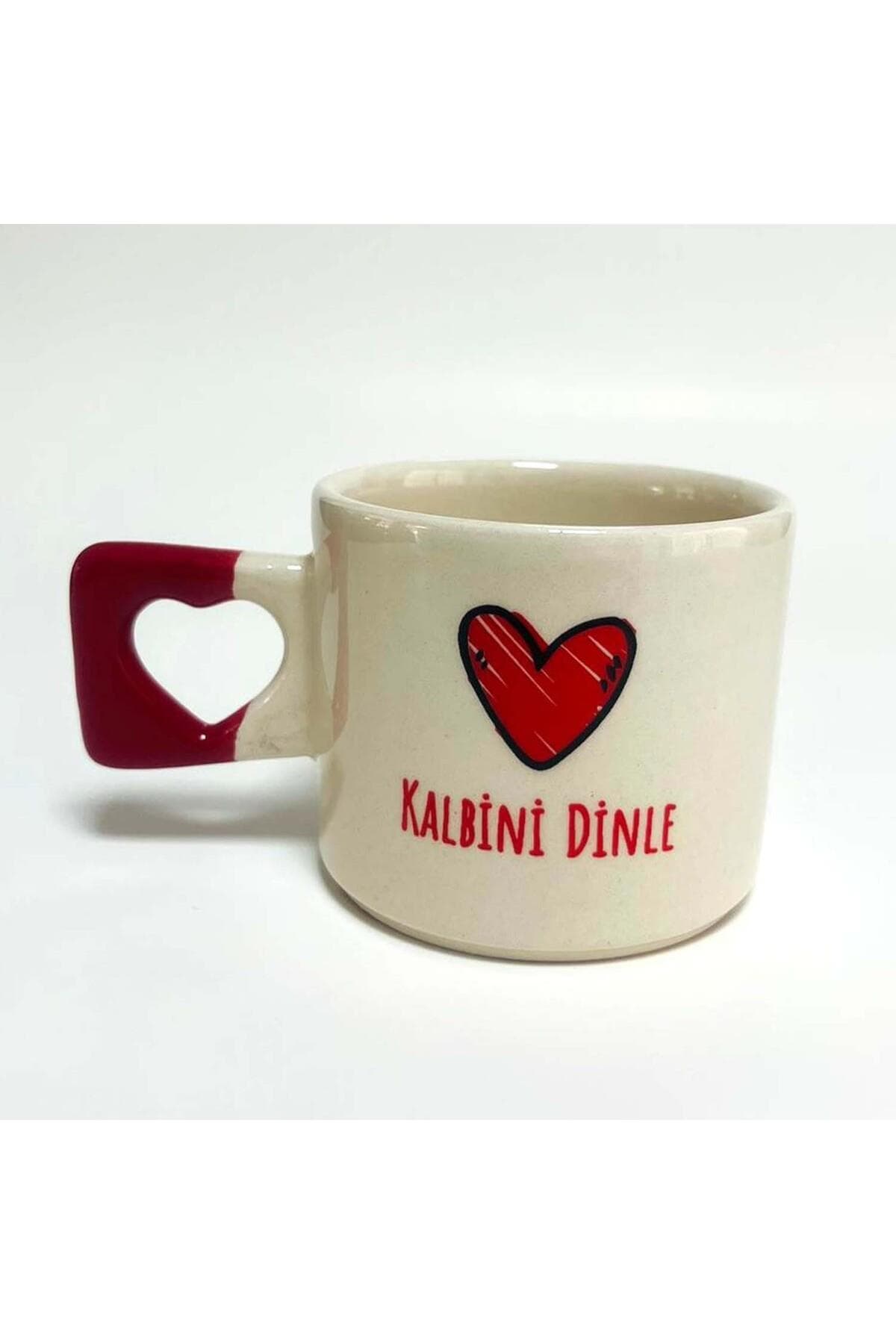 Kalbini Dinle Baskılı Kırmızı Kulplu Kalp Kupa Bardak Fincan Mug