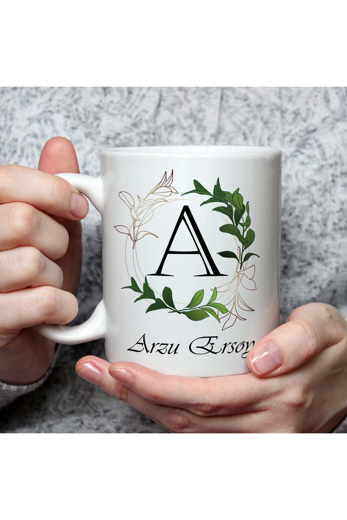 Kişiye Özel Baş Harf Temalı Yeşil Yapraklı İsimli Baskılı Beyaz Kupa Bardak Fincan Mug