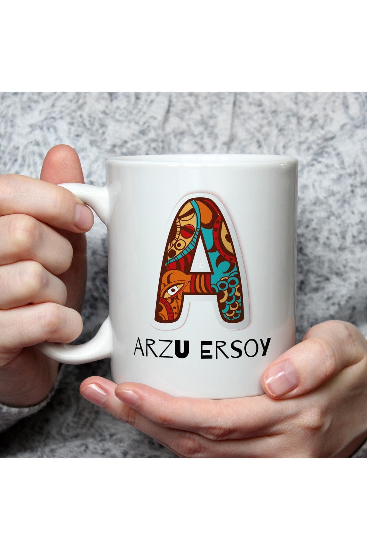 Kişiye Özel Renkli Baş Harf Temalı İsimli Baskılı Beyaz Kupa Bardak Fincan Mug