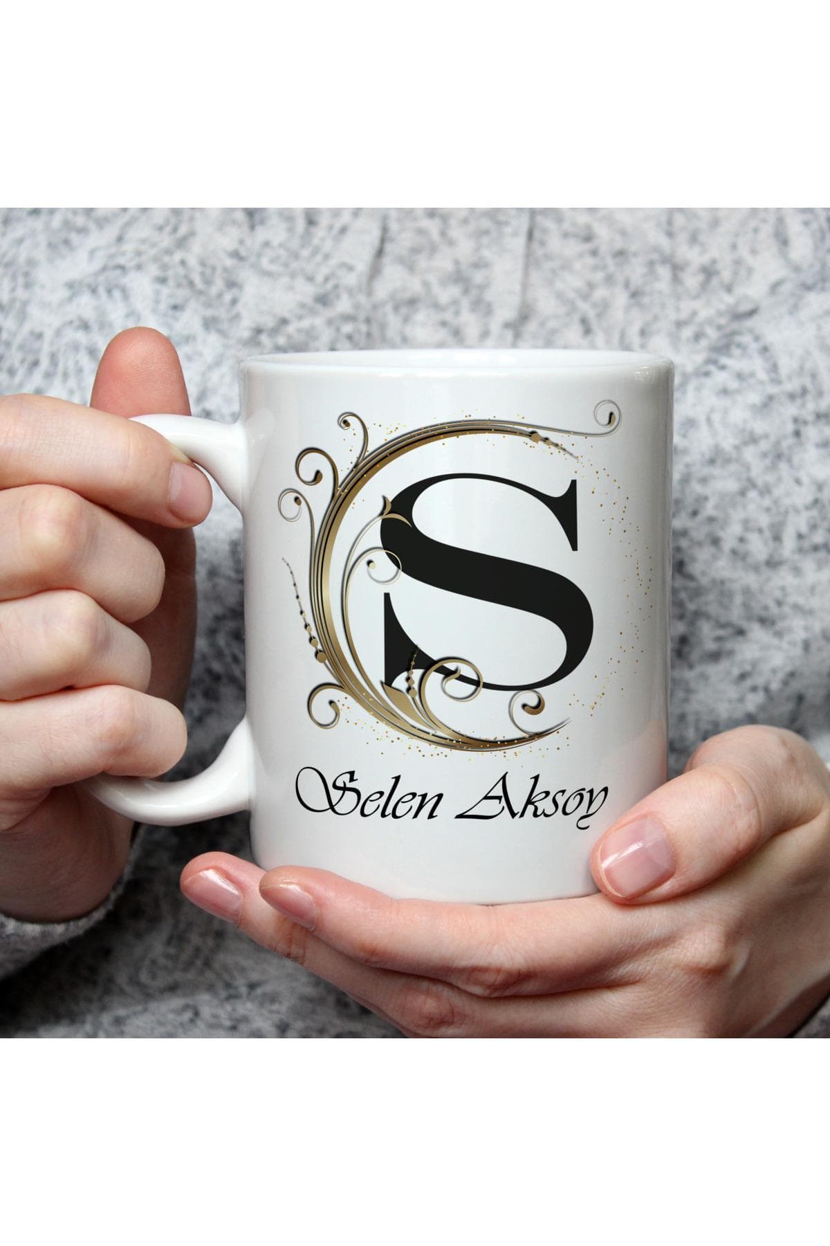 Kişiye Özel Gold Baş Harf Temalı Dekoratif İsimli Baskılı Beyaz Kupa Bardak Fincan Mug