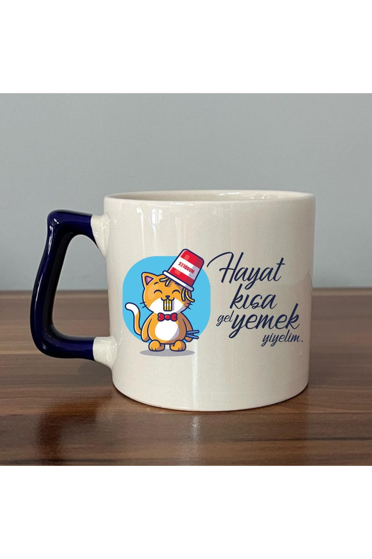 Hayat Kısa Gel Yemek Yiyelim Baskılı Lacivert Kulplu Prime Kupa Bardak Fincan Mug