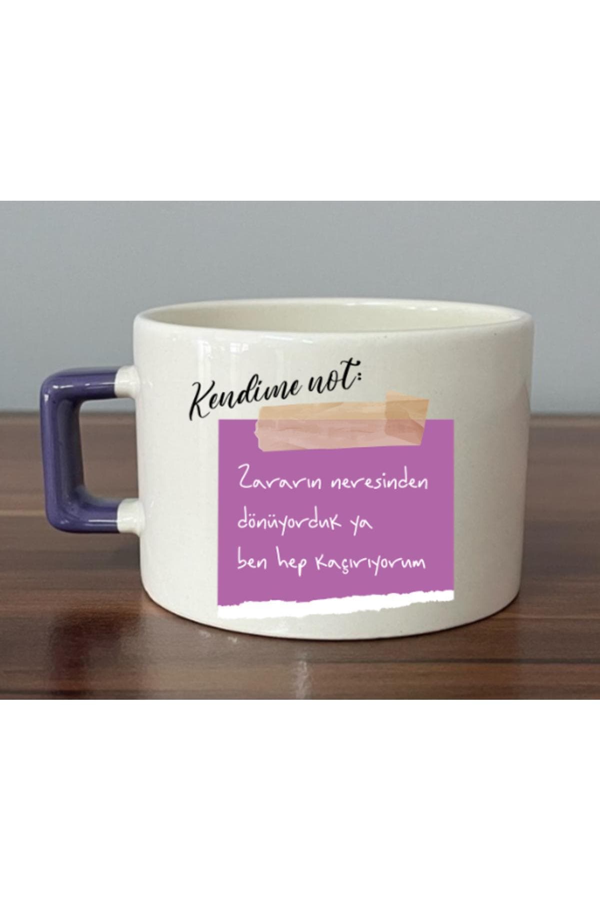 Kendime Not: Zararın Neresinden Dönüyorduk Baskılı Mor Kulplu Kare Kupa Bardak Fincan Mug