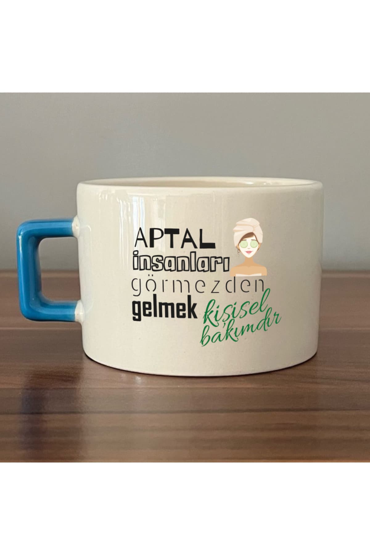 Aptal İnsanları Görmezden Gelmek Mavi Kulplu Kare Laf Sokma Hediyesi Fincan