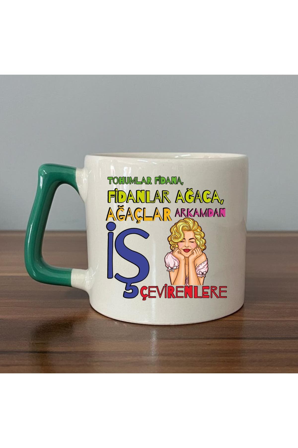 Tohumlar Fidana, Fidanlar Ağaca Baskılı Yeşil Kulplu Prime Kupa Bardak Fincan Mug