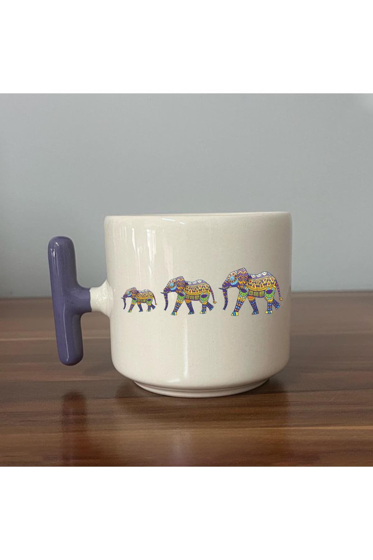 3'lü Fil Baskılı Mor Kulplu T Kupa Bardak Fincan Mug