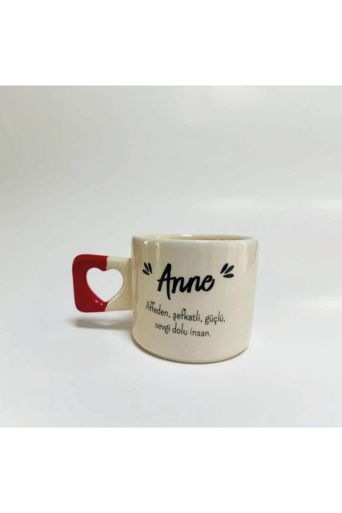 "anne" Baskılı Kırmızı Kulplu Kalp Kupa - Anneye Hediye Bardak Fincan Mug