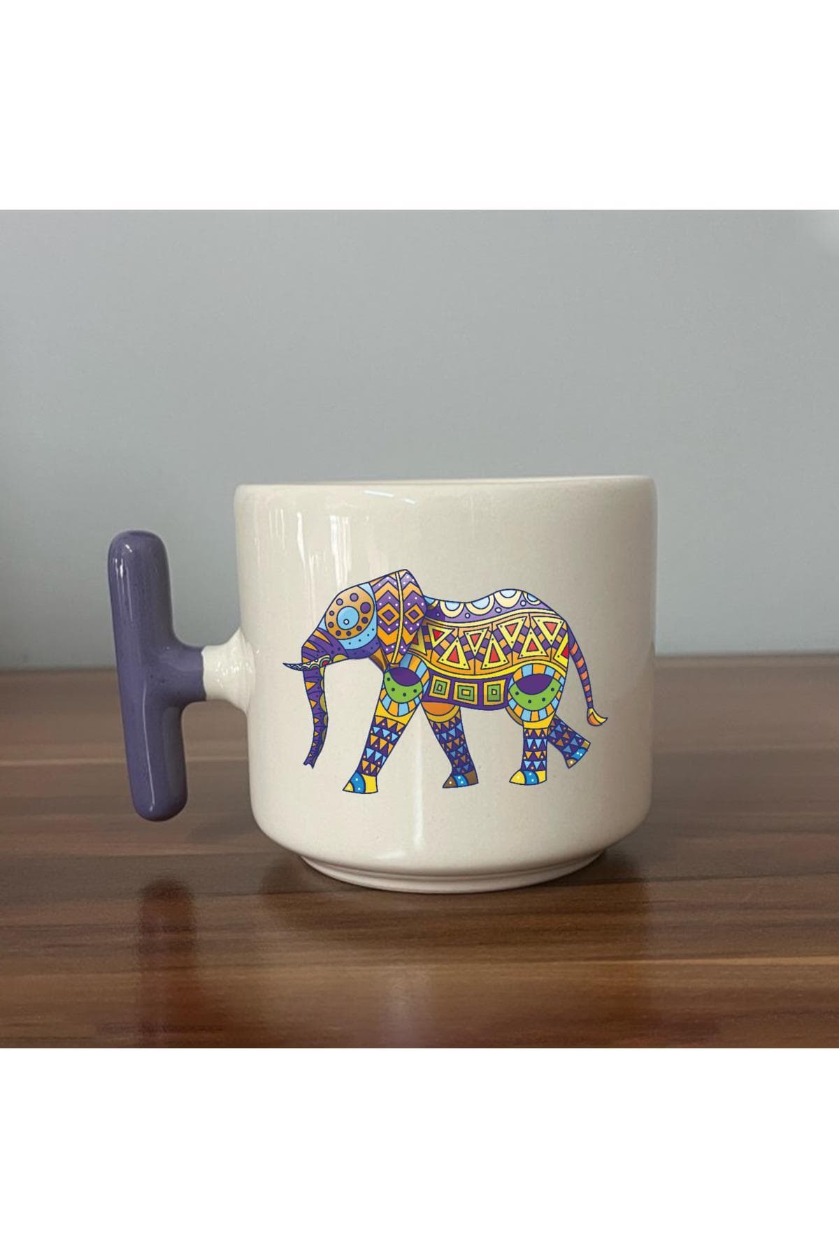 Fil Baskılı Mor Kulplu T Kupa Bardak Fincan Mug Model 00467