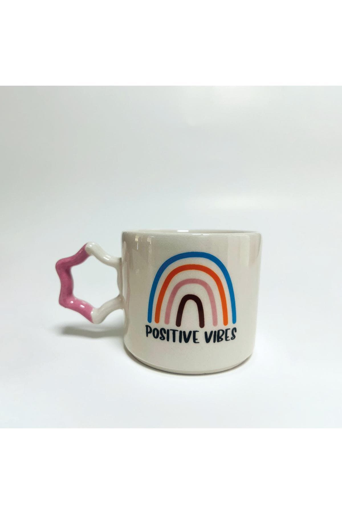 Positive Vibes Baskılı Pembe Kulplu Yıldız Kupa Bardak Fincan Mug