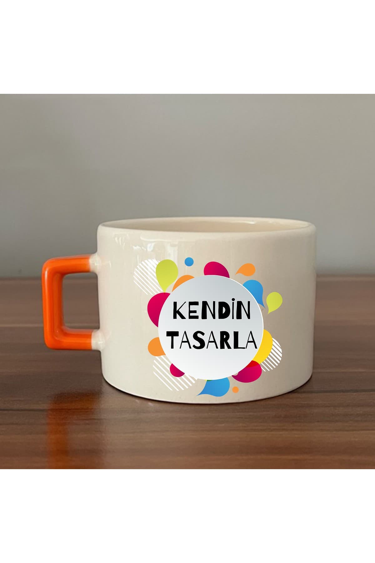 Kendin Tasarla Baskılı Turuncu Kulplu Kare Kupa Bardak Fincan Mug