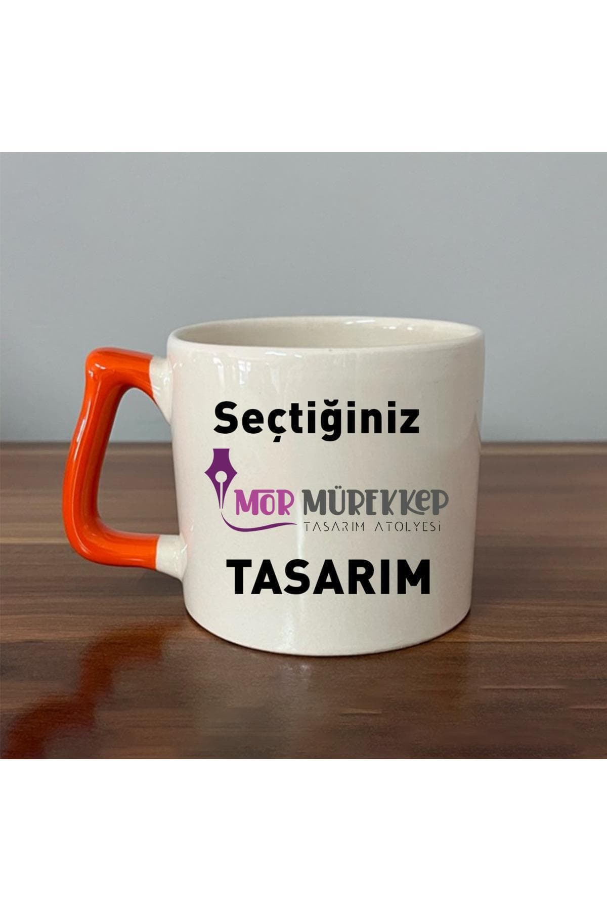 Seçtiğin Mor Mürekkep Tasarım & Isim Baskılı Turuncu Kulplu Prime Kupa Bardak Fincan Mug