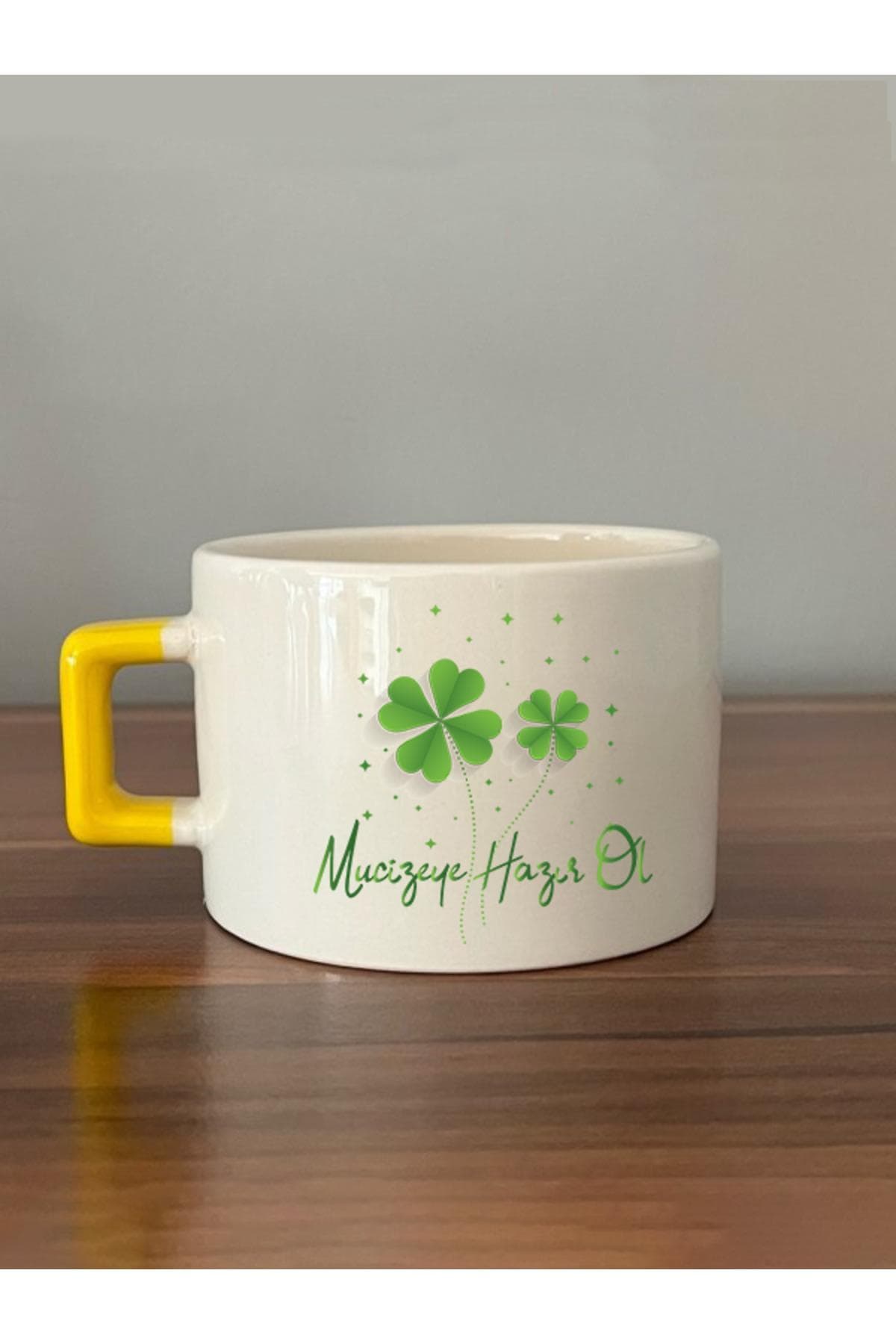 Yonca Baskılı Kulplu Kare Kupa Bardak Fincan Mug