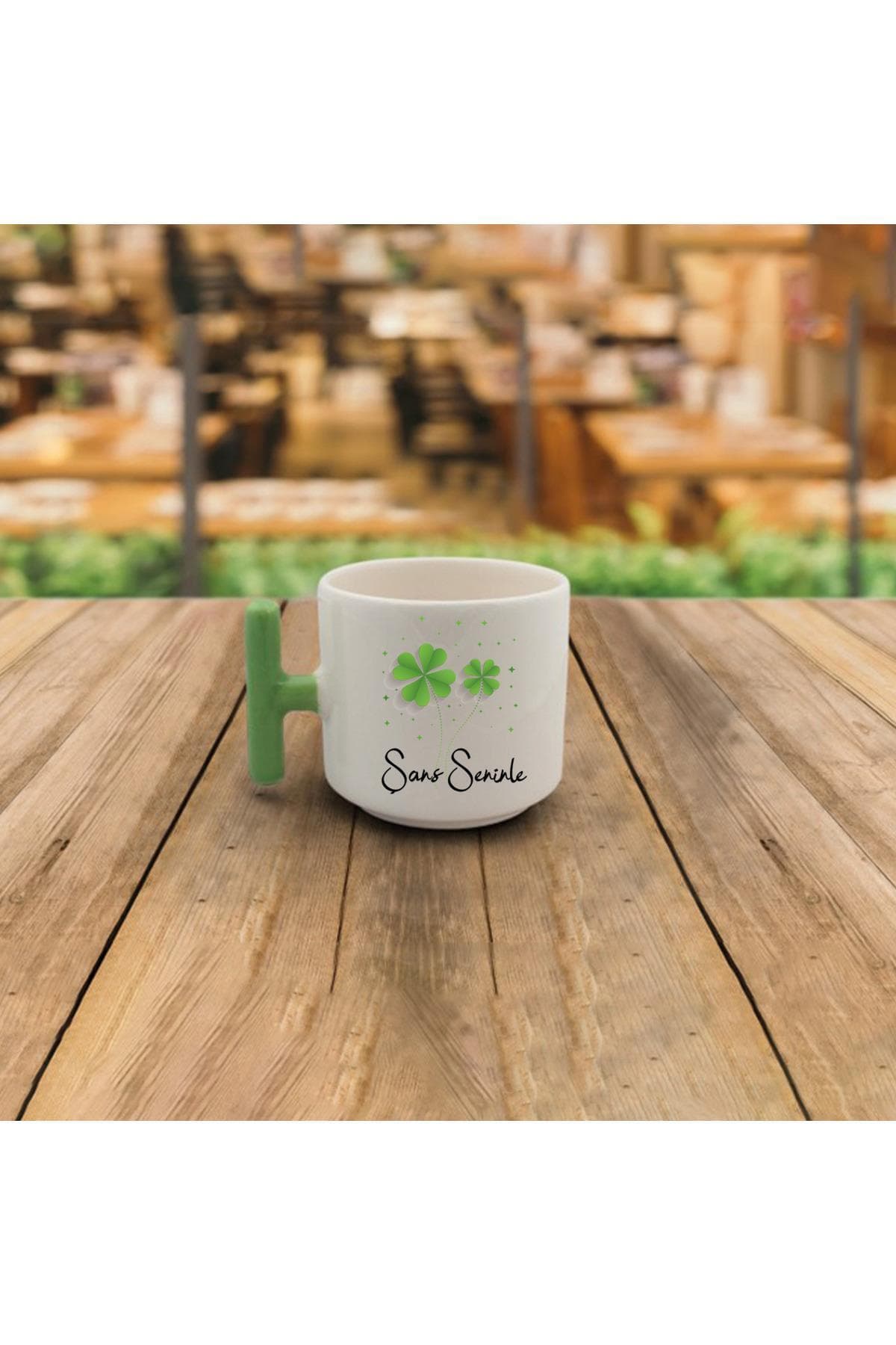 Latte Fincanı Şans Seninle 7.7.7 Baskılı Yeşil Kulplu T Kupa Bardak Fincan Mug