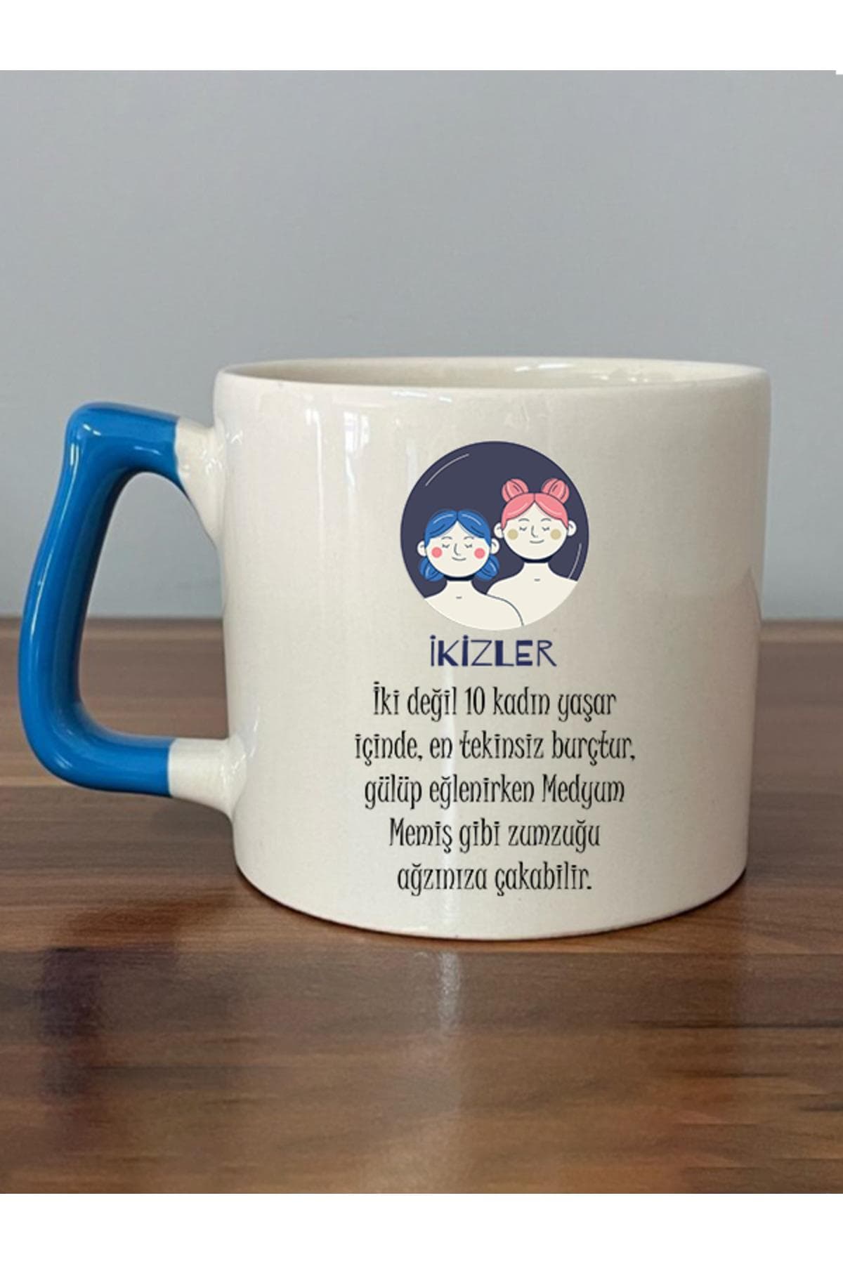 İkizler Burcu ve Onla Alakalı Komik Açıklama Baskılı Mavi Kulplu Prime Kupa Bardak Fincan Mug