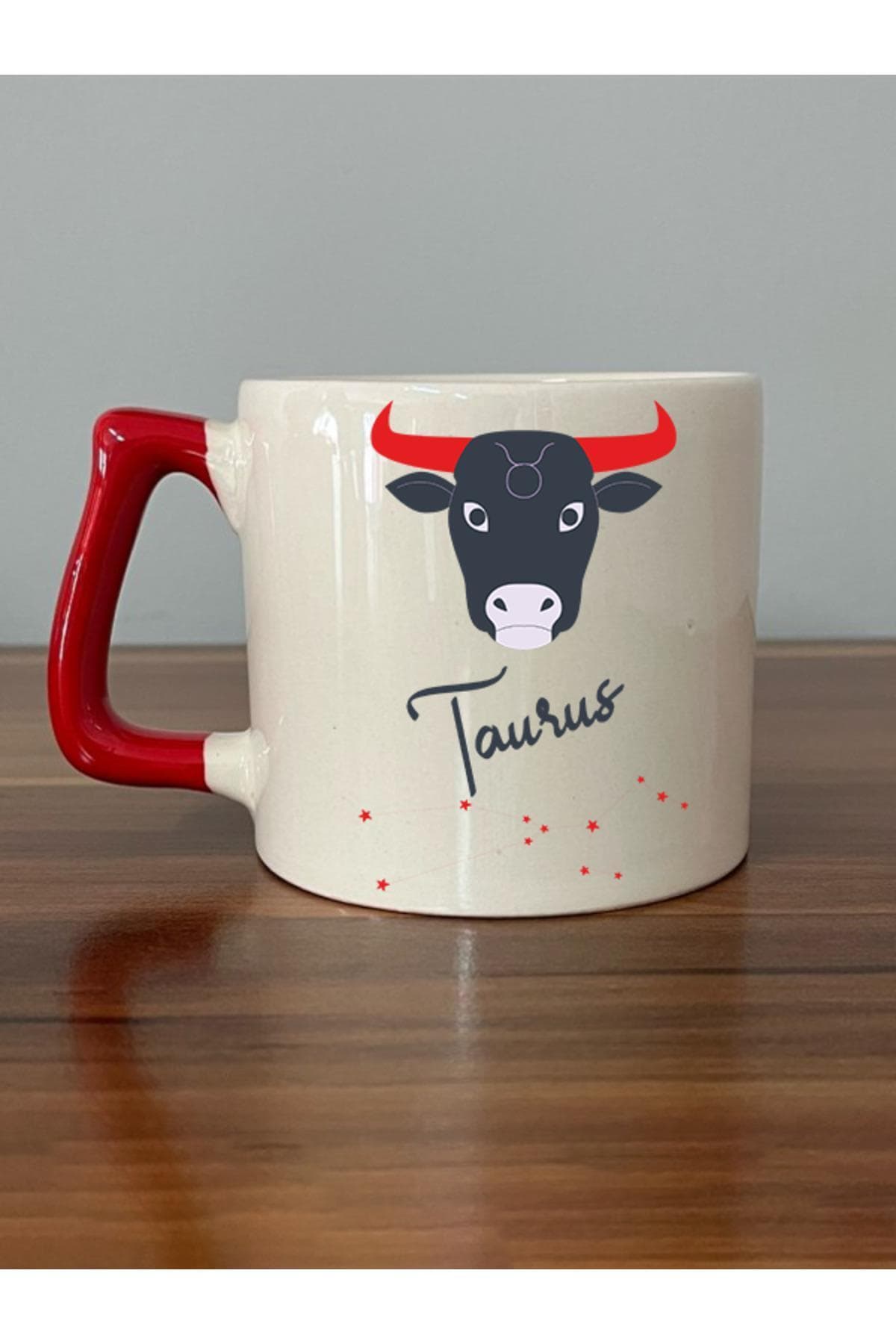 Boğa Burcu Simgesi Baskılı Kırmızı Kulplu Prime Kupa Bardak Fincan Mug