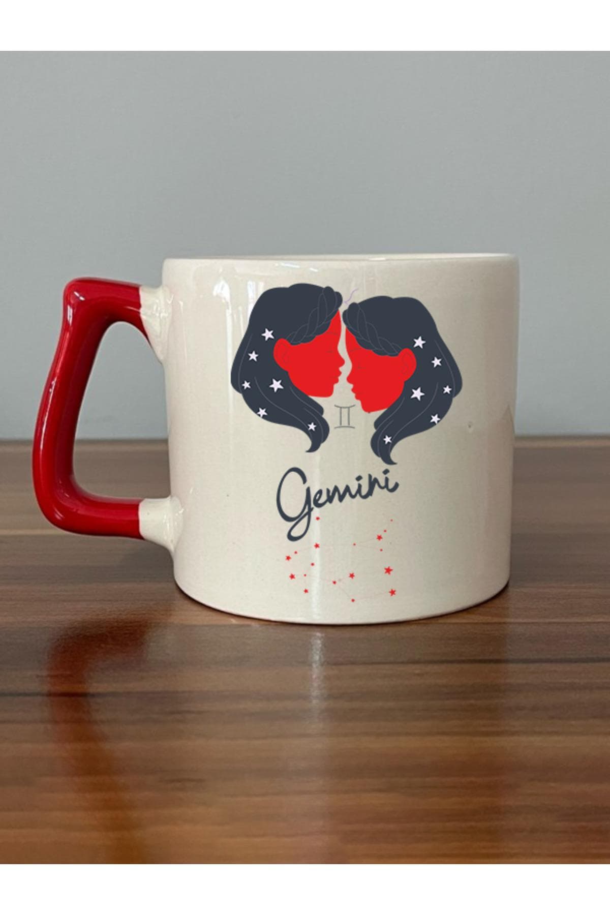 İkizler Burcu Simgesi Baskılı Kırmızı Kulplu Prime Kupa Bardak Fincan Mug