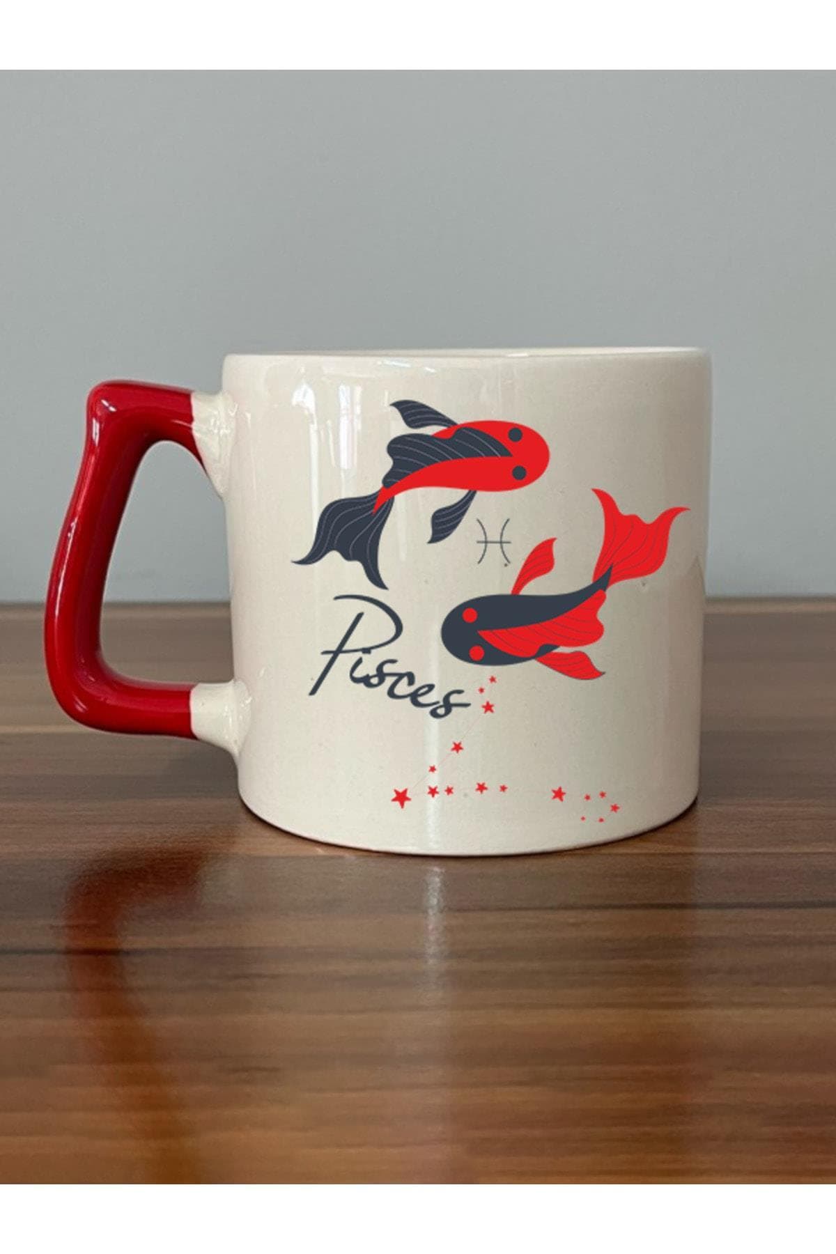 Balık Burcu Simgesi Baskılı Kırmızı Kulplu Prime Kupa Bardak Fincan Mug