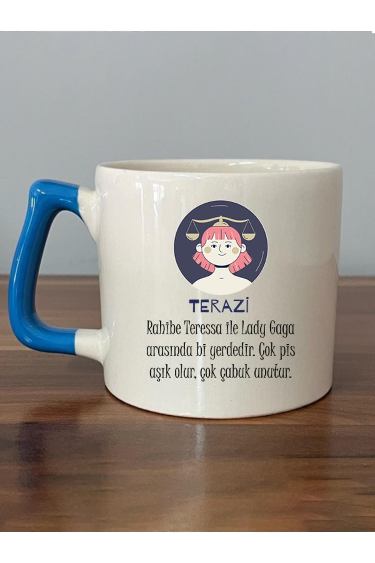 Terazi Burcu ve Onla Alakalı Komik Açıklama Simgesi Baskılı Mavi Kulplu Prime Kupa Bardak Fincan Mug