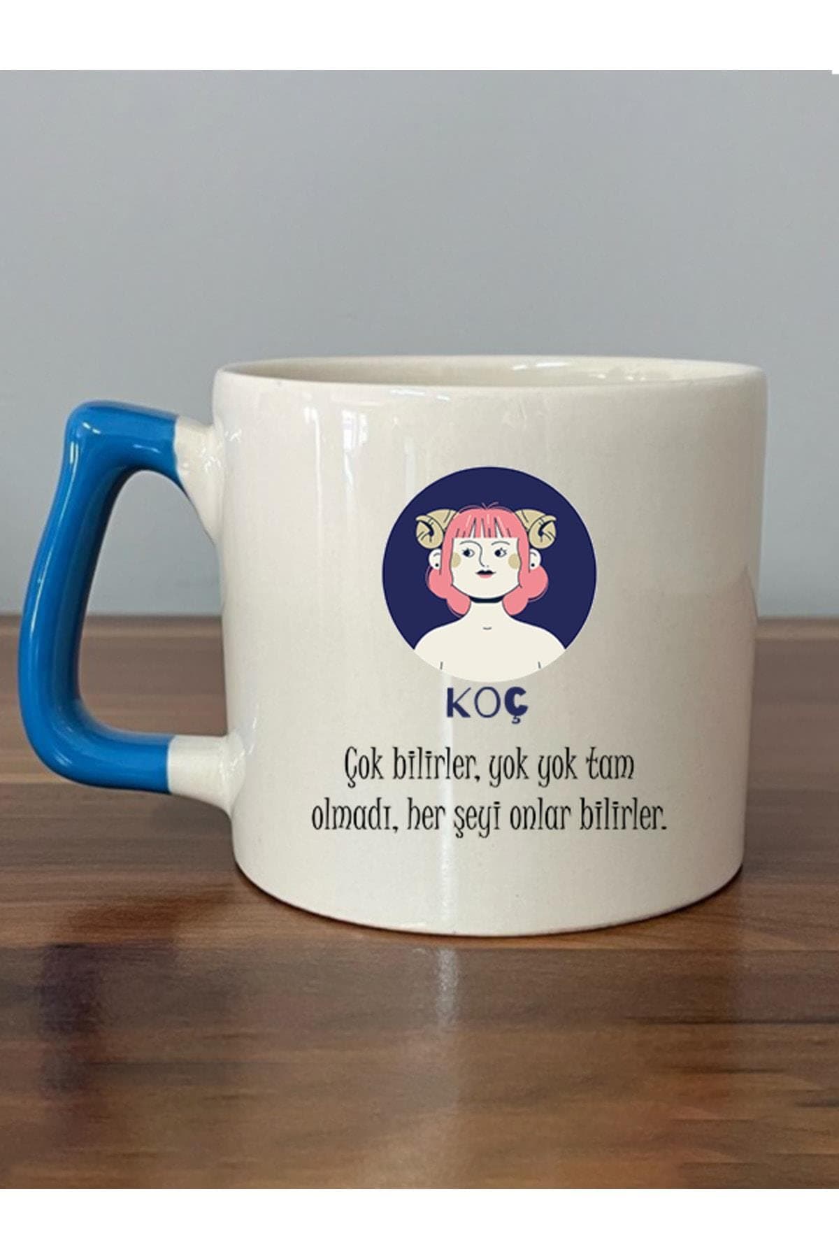 Koç Burcu ve Onla Alakalı Komik Açıklama Baskılı Mavi Kulplu Prime Kupa Bardak Fincan Mug