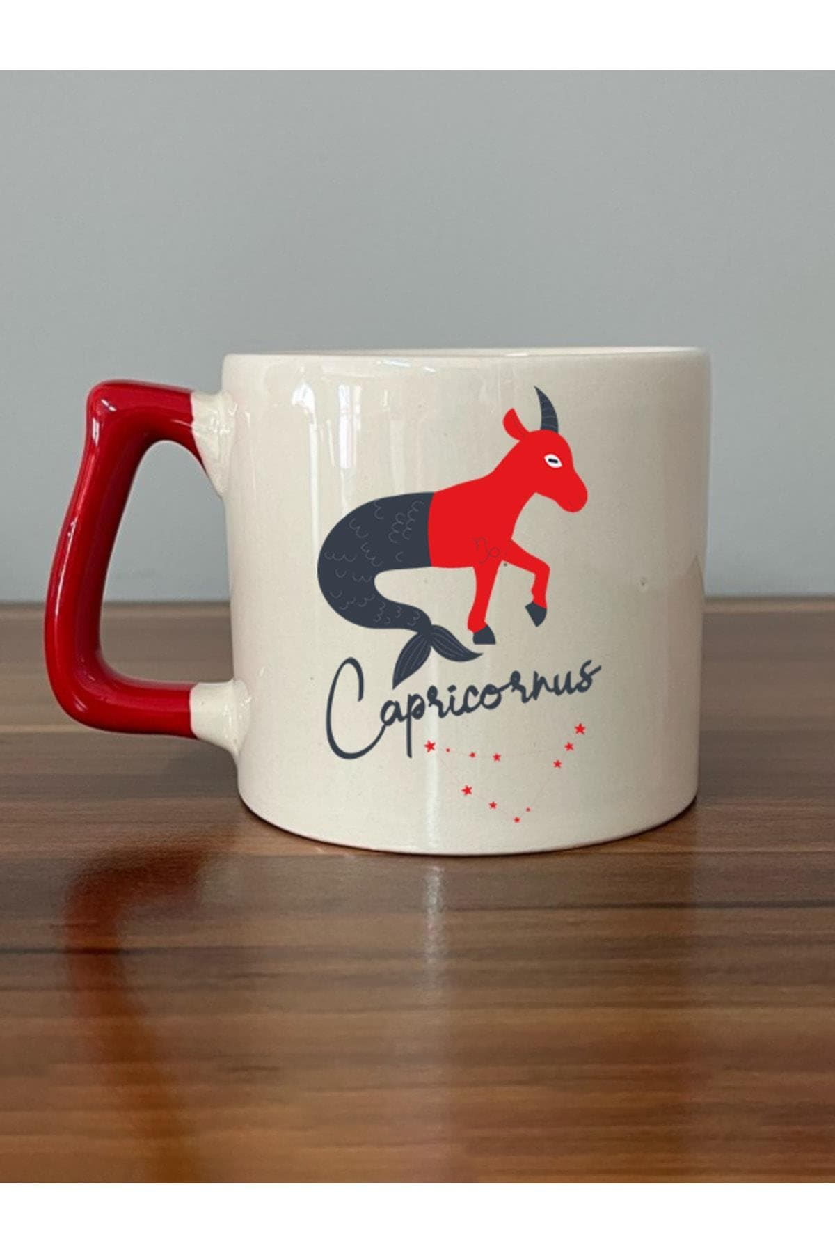Oğlak Burcu Simgesi Baskılı Kırmızı Kulplu Prime Kupa Bardak Fincan Mug