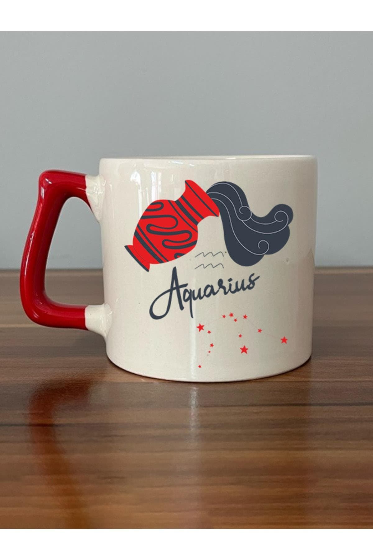Kova Burcu Simgesi Baskılı Kırmızı Kulplu Prime Kupa Bardak Fincan Mug