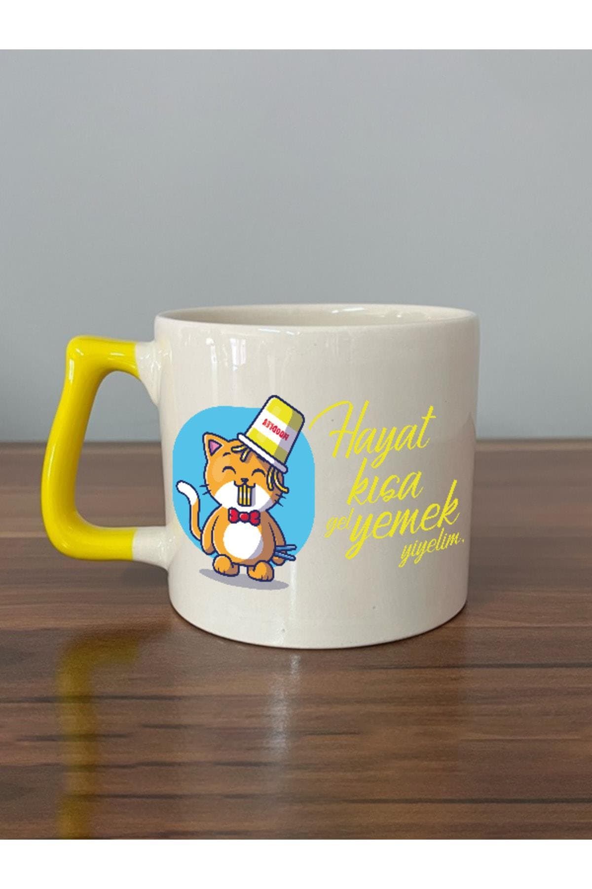 Hayat Kısa Yemek Yiyelim Baskılı Sarı Kulplu Prime Kupa Bardak Fincan Mug