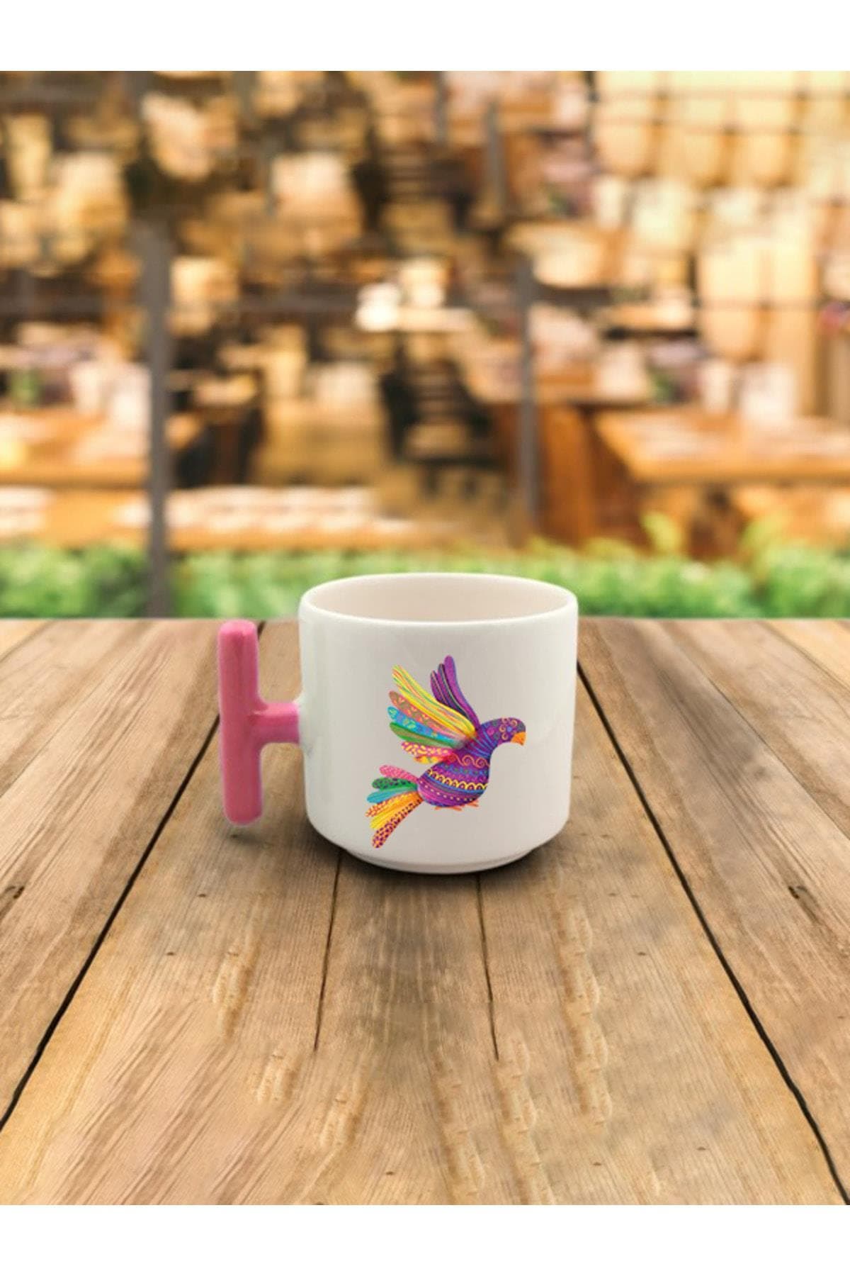 Latte Fincanı Renkli Kanatlı Kuş Baskılı Pembe Kulplu T Kupa Bardak Fincan Mug