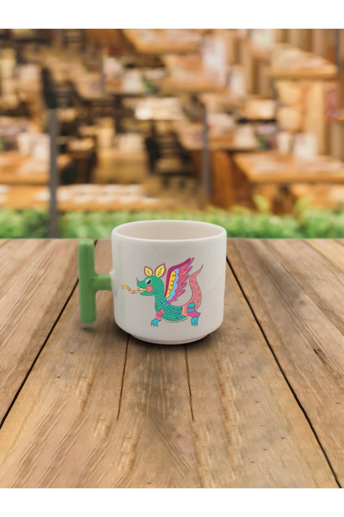 Latte Fincanı Ejderha Baskılı Yeşil Kulplu T Kupa Bardak Fincan Mug
