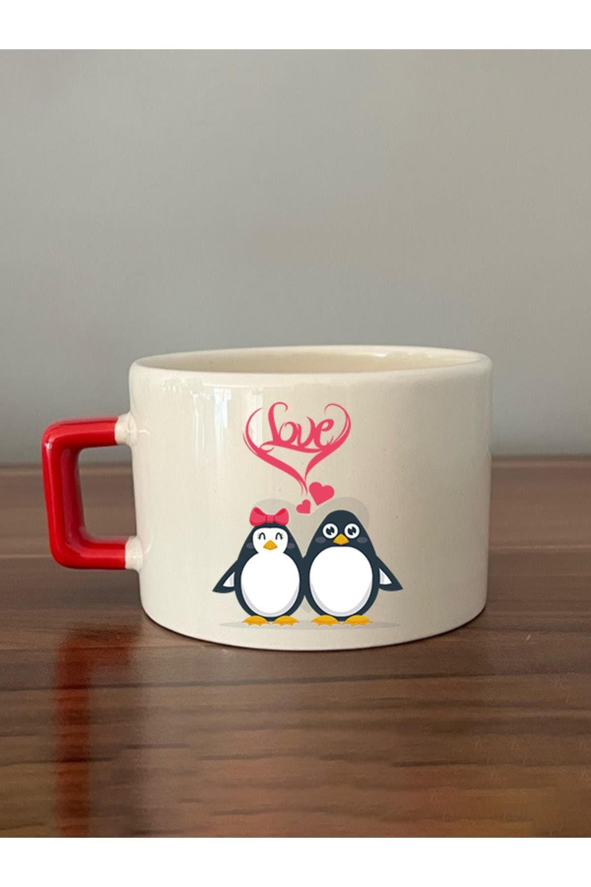 Love Penguenler Baskılı Kırmızı Kulplu Kare Kupa Bardak Fincan Mug