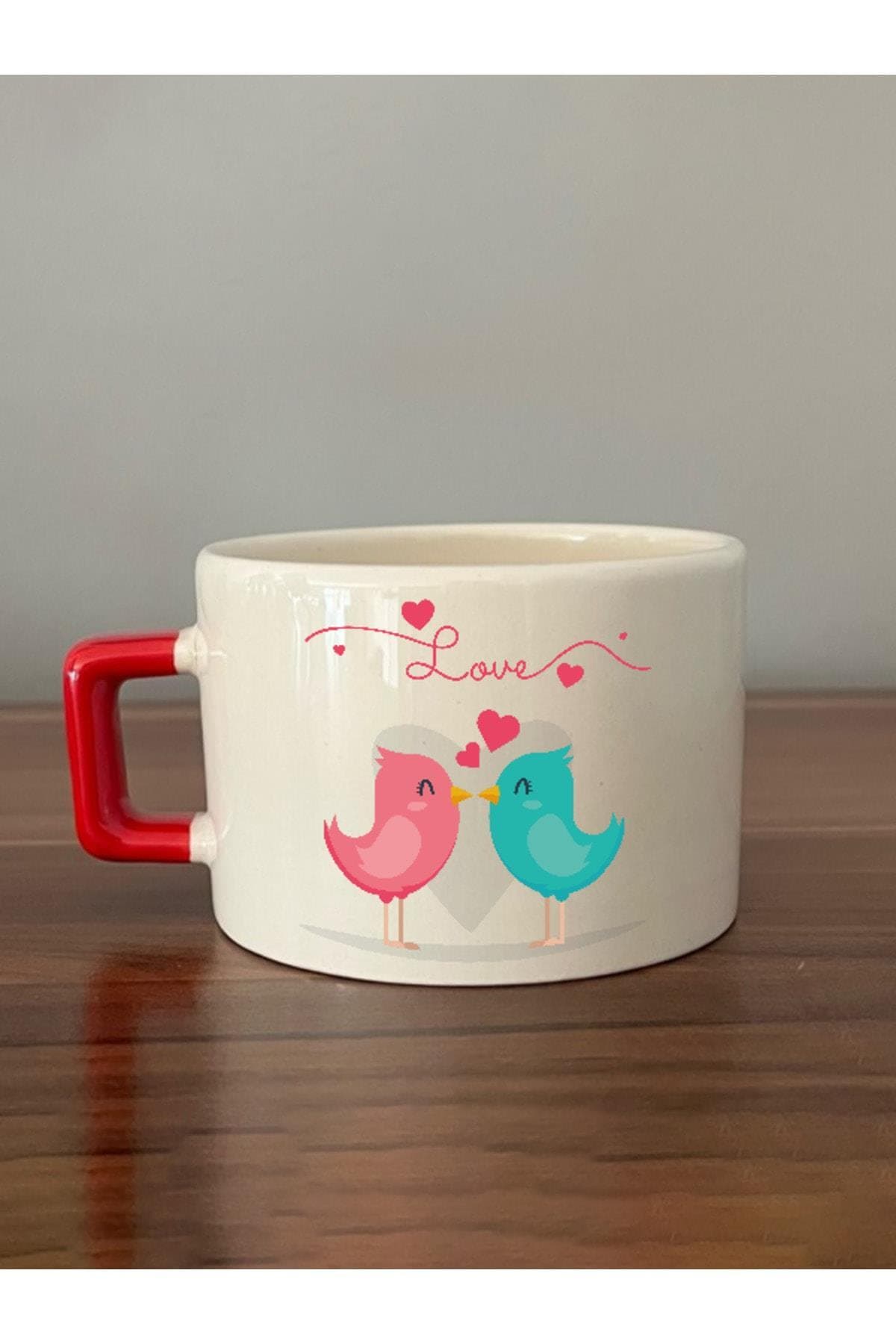 Love Kuşlar Baskılı Kırmızı Kulplu Kare Kupa Bardak Fincan Mug