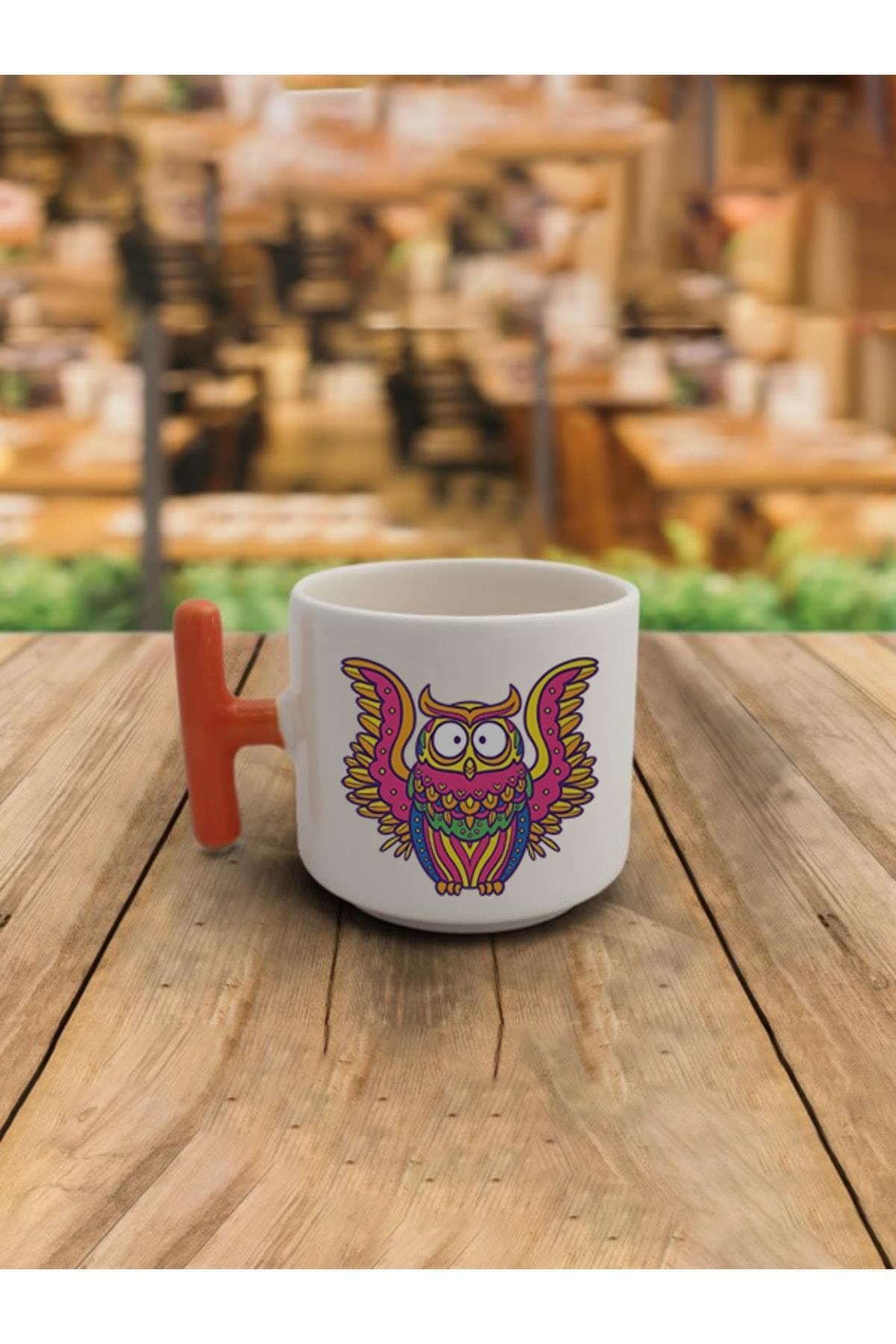 Latte Fincanı Uçan Baykuş Baskılı Turuncu Kulplu T Kupa Bardak Fincan Mug