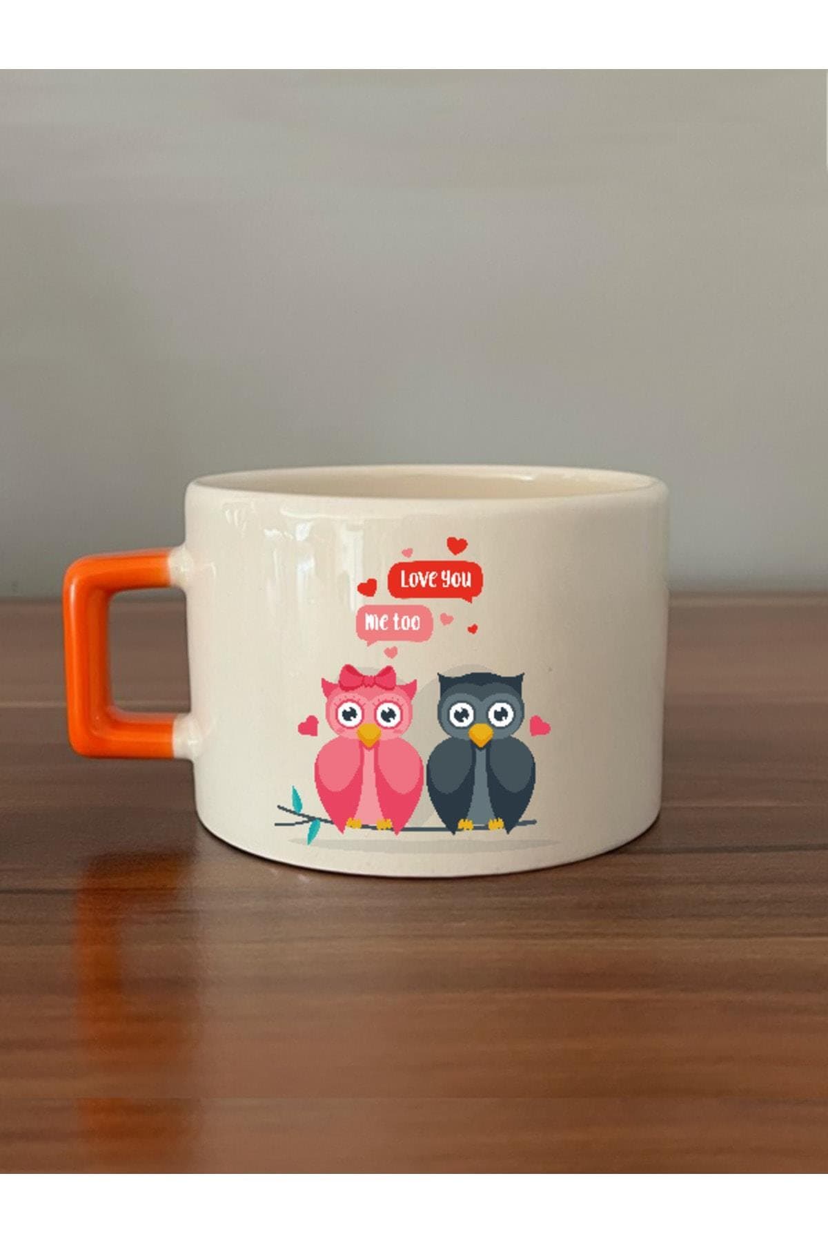 Love You Kuşlar Baskılı Turuncu Kulplu Kare Kupa Bardak Fincan Mug