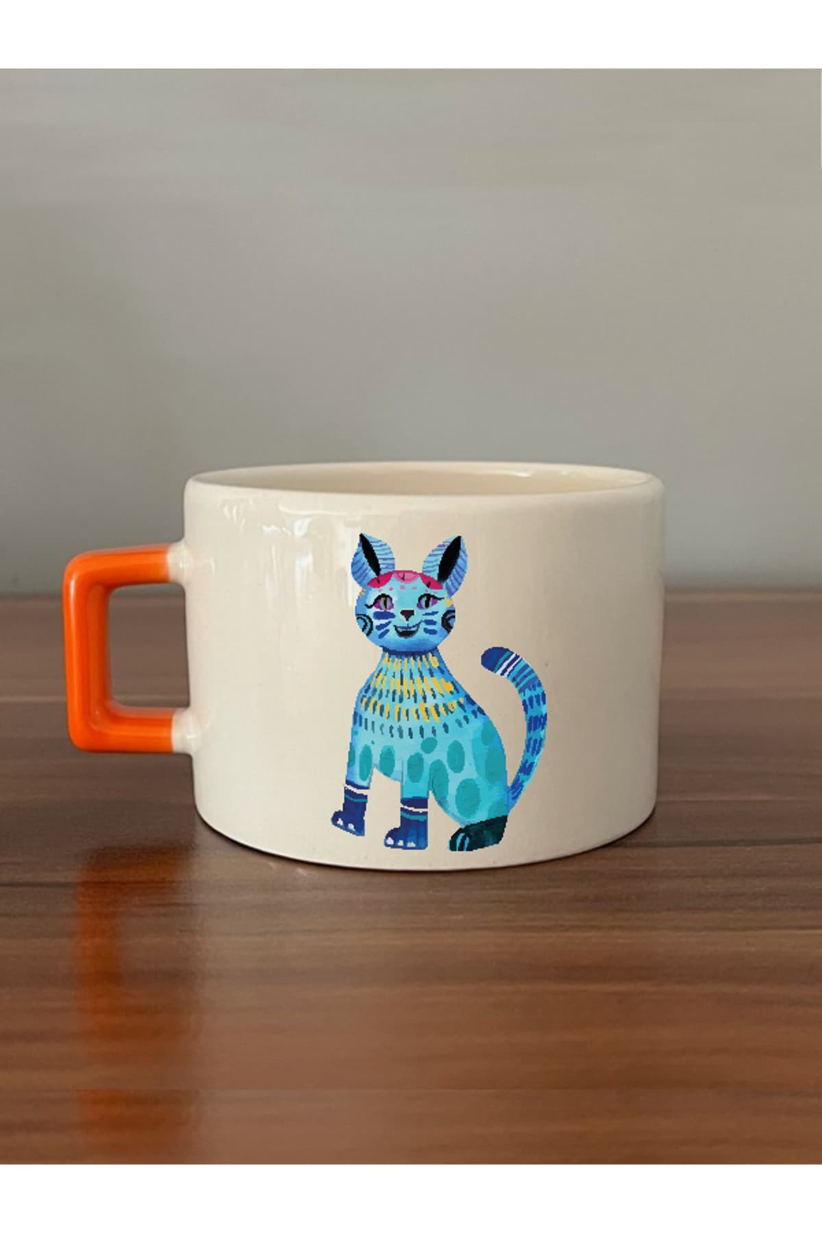 Mavi Kedi Baskılı Turuncu Kulplu Kare Kupa Bardak Fincan Mug