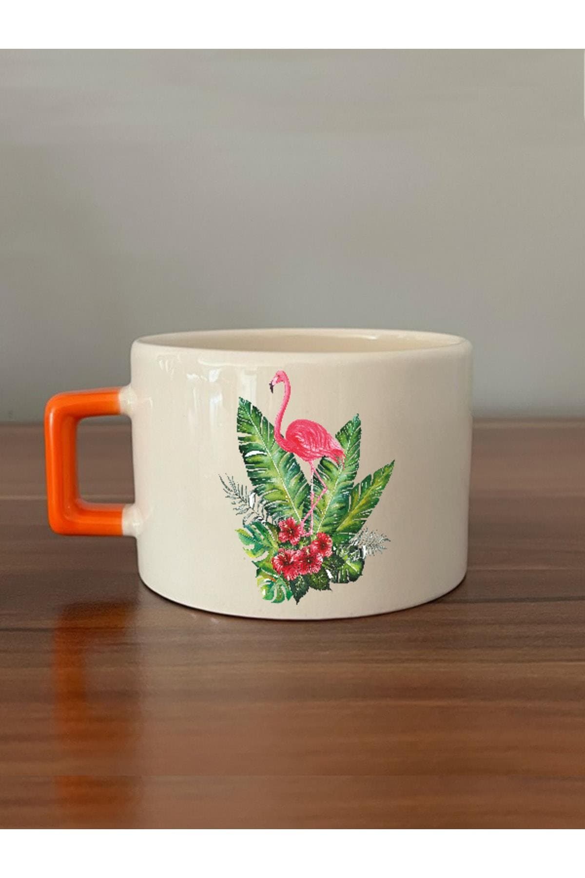 Flamingo Baskılı Turuncu Kulplu Kare Kupa Bardak Fincan Mug