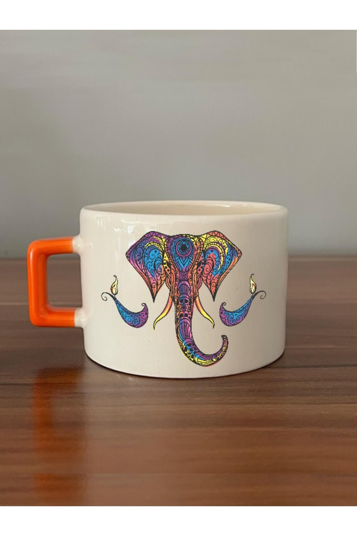 Fil Baskılı Turuncu Kulplu Kare Kupa Bardak Fincan Mug