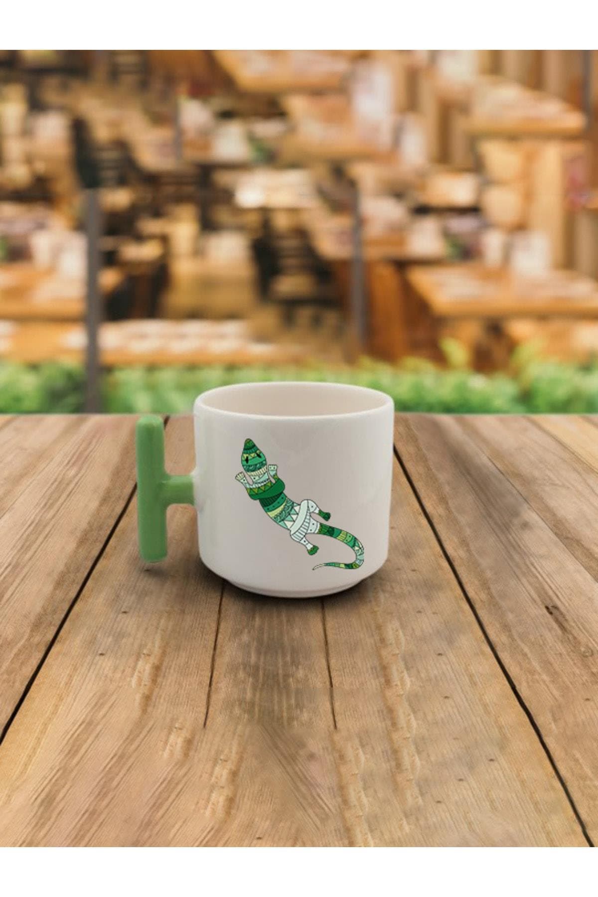 Latte Fincanı Timsah Baskılı Yeşil Kulplu T Kupa Bardak Fincan Mug