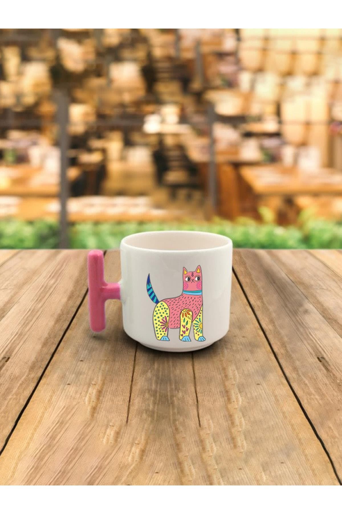 Latte Fincanı Sarı Pembe Kedi Baskılı Pembe Kulplu T Kupa Bardak Fincan Mug